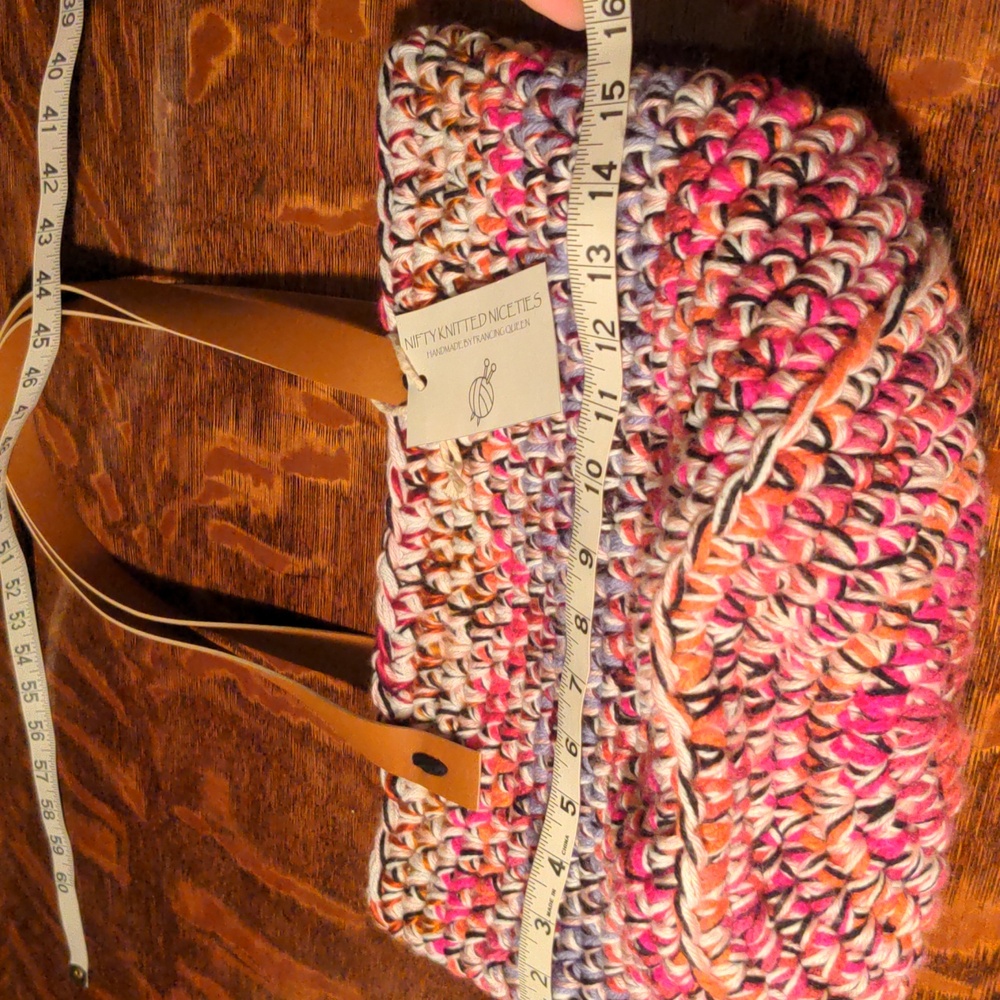 Handmade Crochet Multicolor Market Basket Tote Tan Faux Leather Straps - Picture 4 of 7